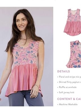 MATILDA JANE Womens Pink Floral Tunic with Blue Leaf Accents